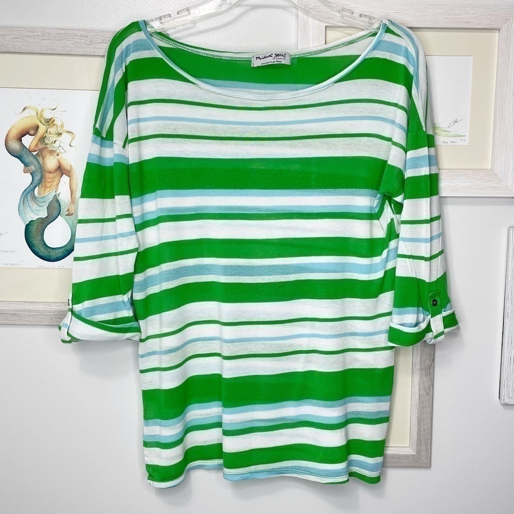 MICHAEL Stars Green, Blue & White Striped 3/4 Sleeve Top One Size Fits Most